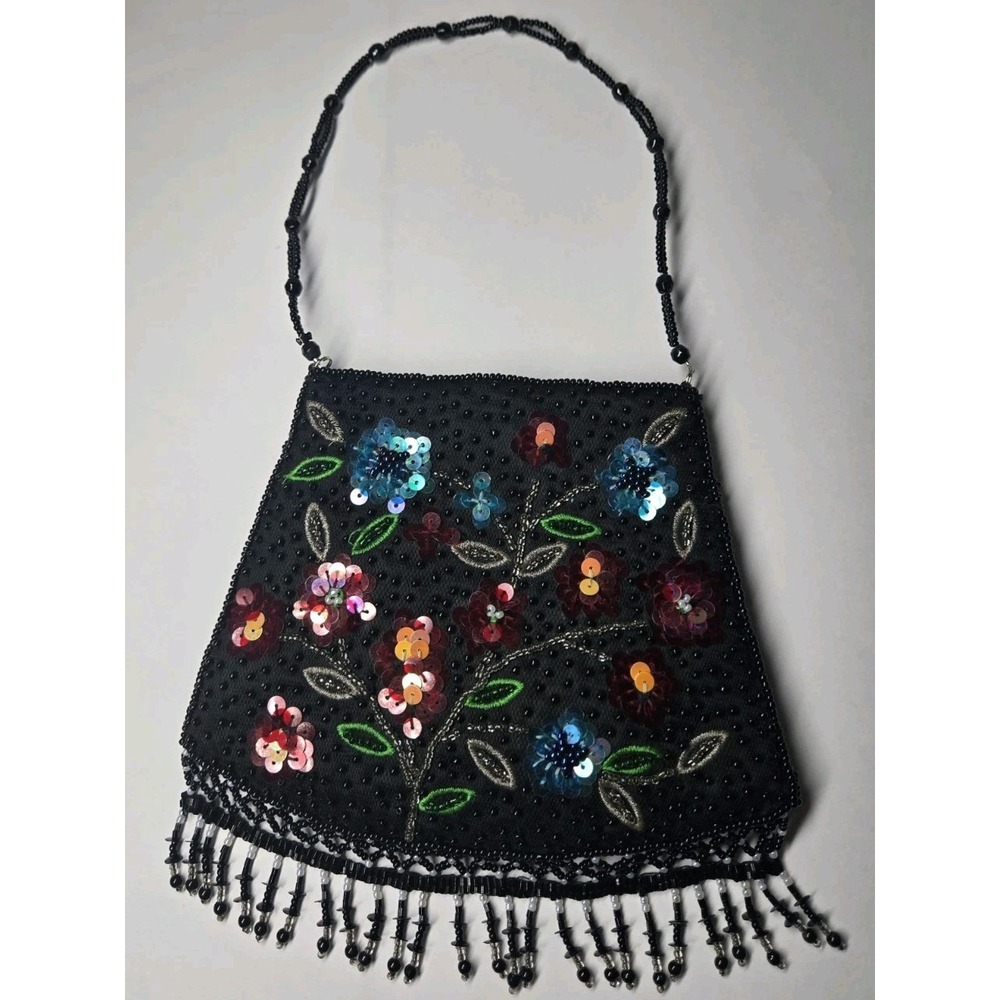 Vtg 90s Valerie Stevens Black Beaded‎ Sequin Evening Bag Purse Floral Design
